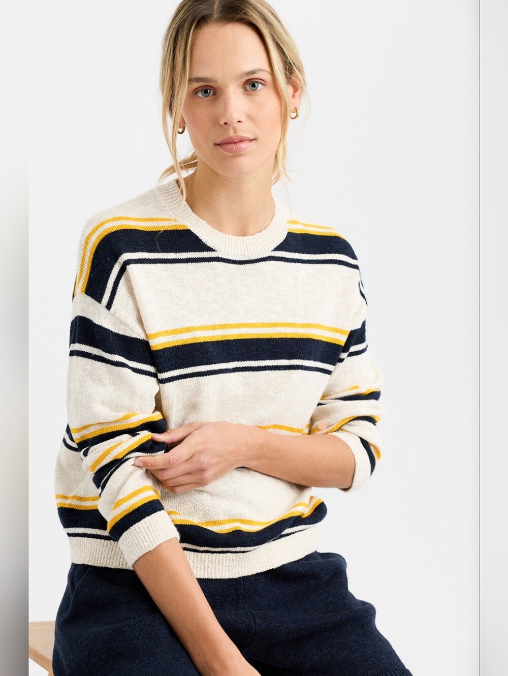 OGD One Grey Day Susannah Pullover Sweater Stripes Scoop Neck Silk Linen Cotton